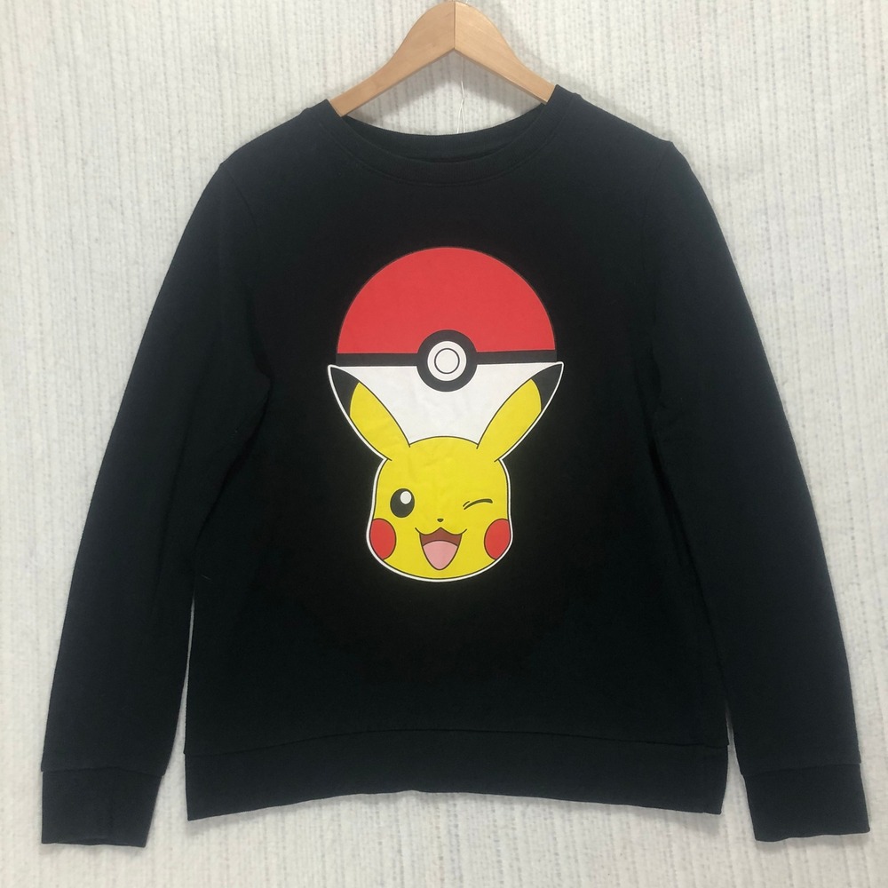 Pokemon Pikachu Sweatshirt Pokeball Graphic Crew Neck Pullover Black S